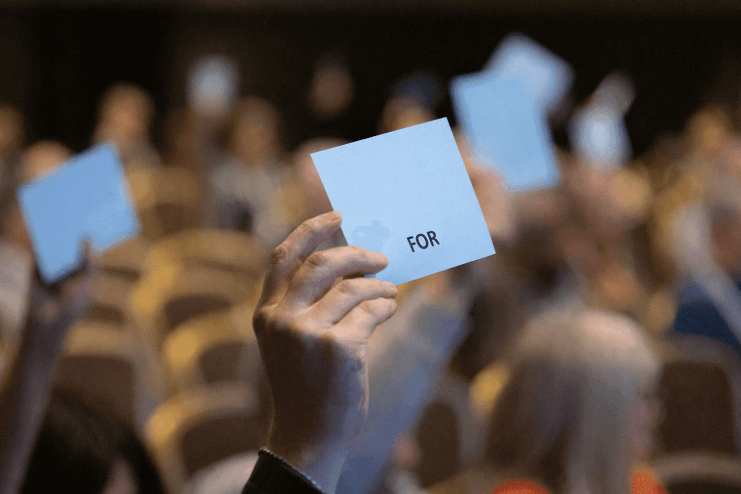 A hand holding up a blue voting card that reads “FOR” during a meeting, with other raised cards blurred in the background.